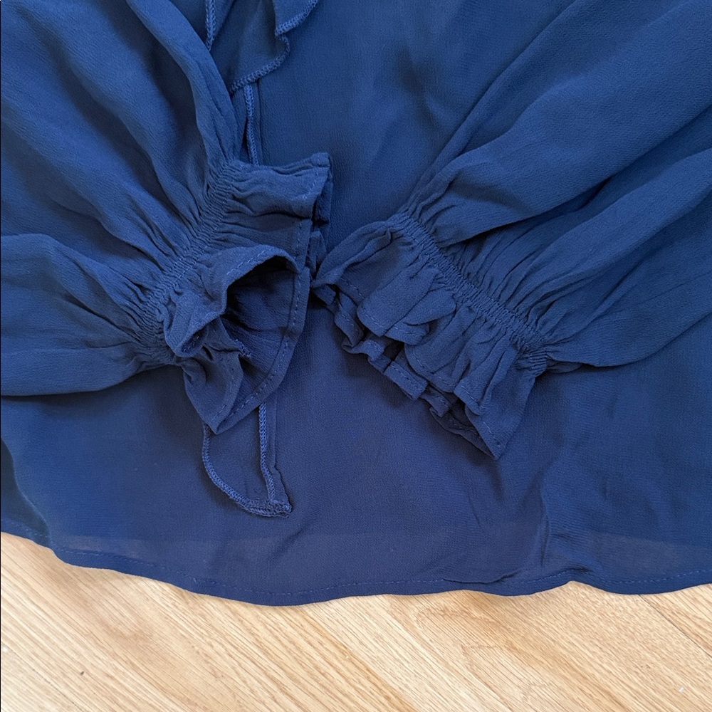 H & M Navy Blue Ruffle Long Sleeve Blouse Top Small Sheer Loose Fit - Picture 4 of 6